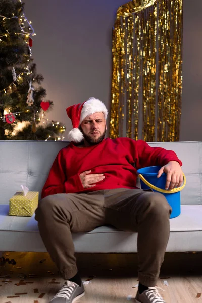 Bearded Man Wearing Santa Hat Suffering Sick Stomach Vomiting Christmas — Stock Photo, Image