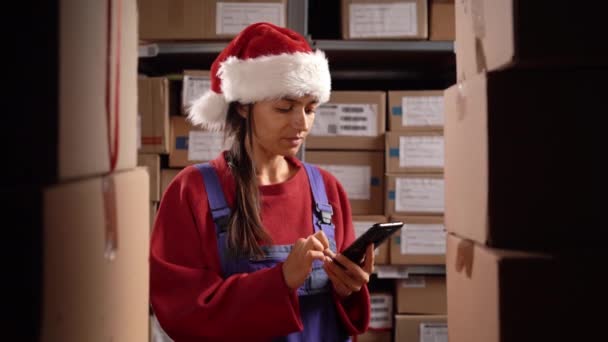 Trabajador Almacén Con Sombrero Santa Utiliza Aplicación Teléfono Mujer Gerente — Vídeo de stock