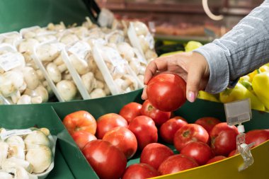 Genç bir kadın taze organik sebze seçiyor, yakından. Bakkal dükkanından alışveriş yapmak. Sağlıklı gıda konsepti