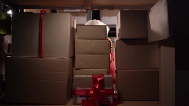 Ouvrier Entrepôt Recherche Une Boîte Avec Cadeau Sur Les Étagères — Video