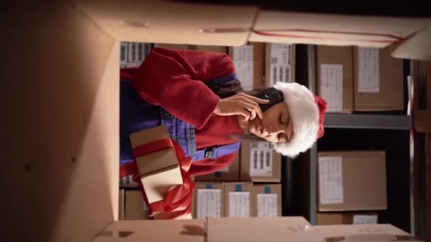 Warehouse Worker Making Call Works Shipping Goods Christmas Online Store — Stock Video