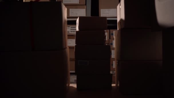 古い男の倉庫労働者は棚から顧客に送るために箱を取ります コピースペース — ストック動画