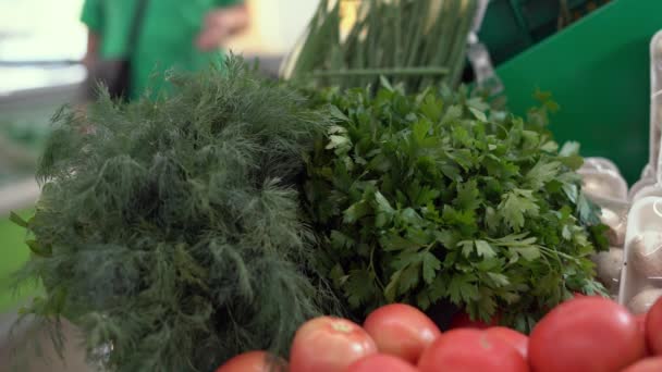 Fresh Herbs Iron Shelf Supermarket Window Womans Hand Takes Parsley — Stock Video