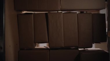 Kadın depo işçisi müşterilere paket göndermek için raftan kutular alıyor. Dikey video