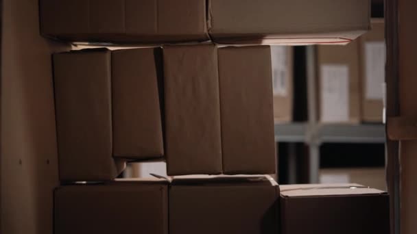 Pakhuismedewerker Legt Een Kartonnen Doos Een Plank Met Pakketten Terwijl — Stockvideo