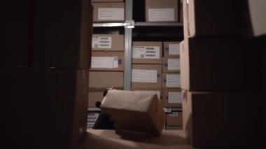 Depodaki güvenlik sorunları kavramı. Siyah maskeli bir hırsız gece depoda paketli kutuları çalıyor. Boşluğu kopyala