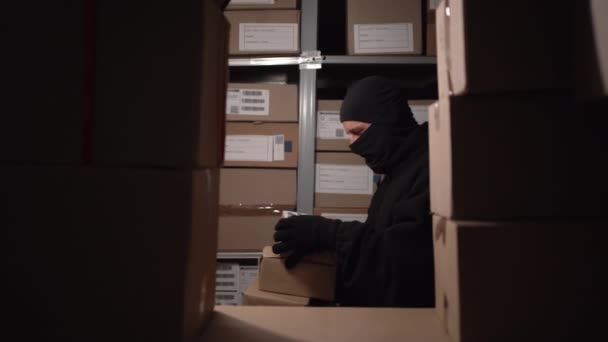 Concepto Problemas Seguridad Almacenes Ladrón Una Máscara Negra Roba Cajas — Vídeo de stock