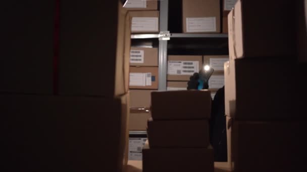 Young Man Ski Mask Steals Boxes Warehouse Night Concept Safety — Stock Video