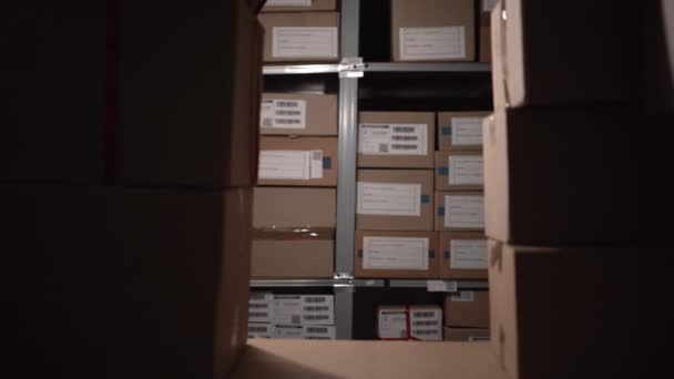 Νεαρός Μάσκα Του Σκι Κλέβει Κουτιά Από Μια Αποθήκη Νύχτα — Αρχείο Βίντεο