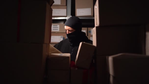 Ein Dieb Stiehlt Pakete Aus Einem Lager Lagerkriminalität Und Sicherheitskonzept — Stockvideo