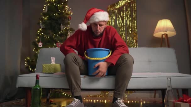 Millennial Man Santa Hat Suffering Nausea Hangover Party Christmas Poisoning — Stock Video