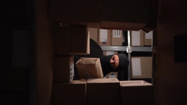 黒いバラカバラの泥棒が倉庫から荷物を盗む バーティカルビデオ — ストック動画