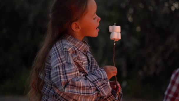 Kind Eet Geroosterde Marshmallow Bij Een Zelfgemaakt Kampvuur Familie Kampeertocht — Stockvideo