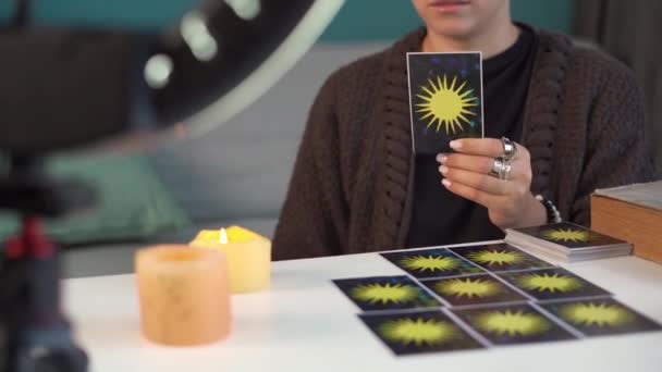 Modern Technology Female Fortune Teller Holding Tarot Card Front Mobile — Stock Video