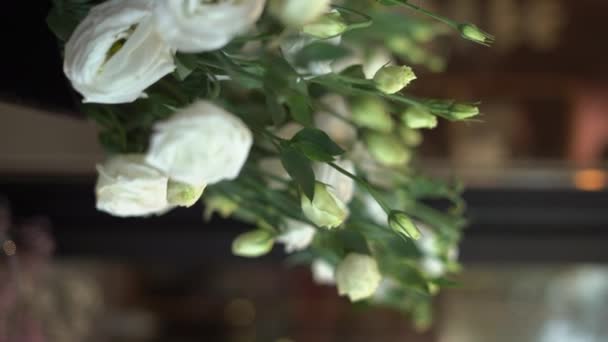 Female Florist Making Beautiful Bouquet Eustoma Flower Shop Vertical Video — Stock Video