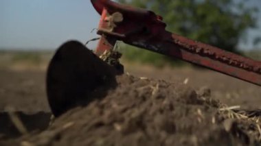 Eski bir el sabanı kullanarak bahar tarlası çalışması. Boşluğu kopyala