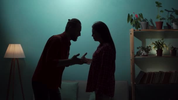 Gewalt Hause Aggressives Paar Kämpft Während Einer Beziehungskrise Hause Silhouetten — Stockvideo