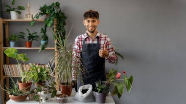 Bahar hobisi, mutlu Arap bir gencin evdeki saksıda çiçek dikmesi bahçe çiftliğinde bahçe ağacı dikmesi, baş parmağını kaldırması. Boşluğu kopyala