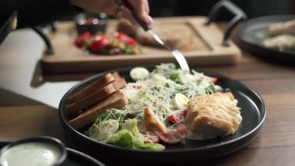 Woman Eating Delicious Caesar Salad Parmesan Cheese Homemade Croutons Dressing — Stock Video