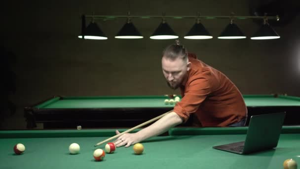 Playing Billiard Concept Man Using Colorful Balls Cue Playing Billiard — Stock Video