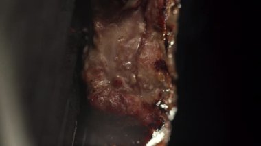 Duman ve kabukla kızartılmış sulu bifteği yakından çek. Dikey video