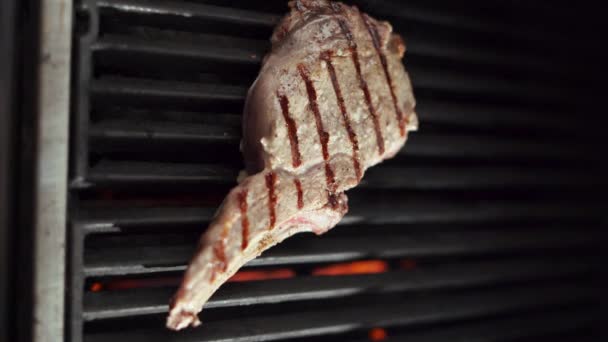 Close Bbq Roast Lamb Rib Steak Hot Charcoal Grill Flames — Stock Video