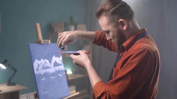 Talented Male Artist Putting Paint Palette While Painting Pictures Art — Stock Video