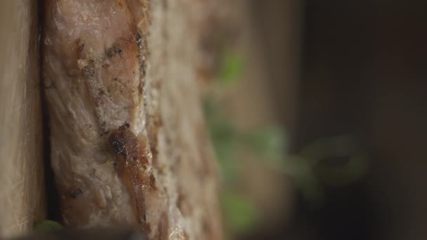 Steak Ribeye Cutting Knife Fork Wooden Board Restaurant Vertical Video — Stock Video