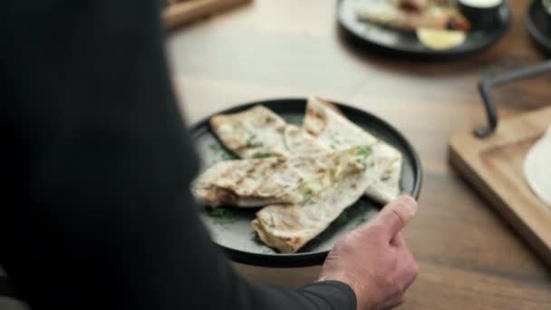 Fried Pita Bread Suluguni Cheese Herbs Served Black Plate Wooden — Stock Video