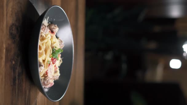 Girl Eats Italian Pasta Meat Close Spaghetti Fork Parmesan Cheese — Stock Video