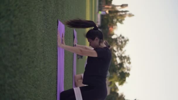 一组妇女在室外健身课上与阻力带一起做运动 垂直录像 — 图库视频影像