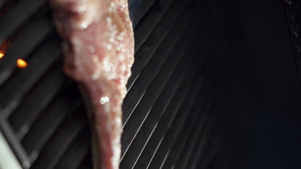 用盐和胡椒烤过的生肉牛排在火中烤着 垂直录像 — 图库视频影像