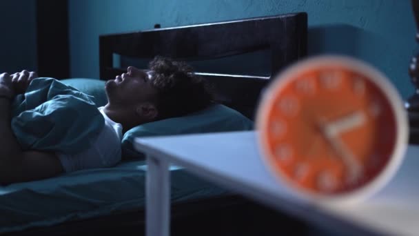 Sleepless Young Arabic Man Suffering Insomnia Sleep Apnea Stress Tired — Stock Video