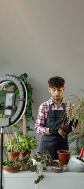 Erkek blogcu, evinde en sevdiği hobisini yaparak sosyal ağlar için canlı yayın yapan ev bitkilerini yeniden ekiyor. Dikey afiş. Boşluğu kopyala