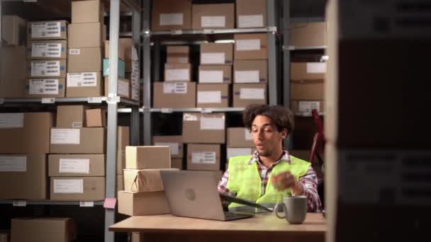 Exhausted Male Worker Annoyed Guy Suffer Summer Heat Warehouse Office — Stock Video