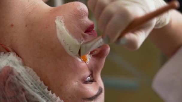 Kosmetologe Bei Der Gesichtsbehandlung Und Dem Auftragen Einer Gesichtsmaske Mit — Stockvideo