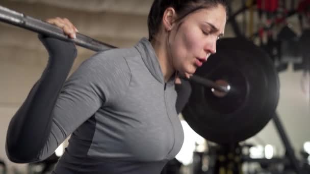 女运动员在健身房做举重运动 健美的女人拿着杠铃蹲在后面 复制空间 — 图库视频影像