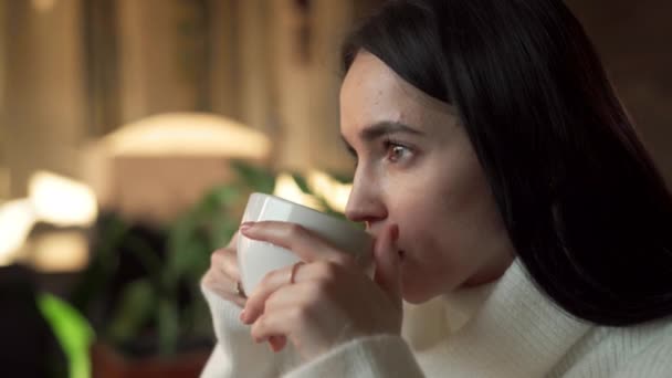 Młoda Kobieta Pijąca Aromatyczną Kawę Stołówce Piękna Dziewczyna Relaksująca Się — Wideo stockowe