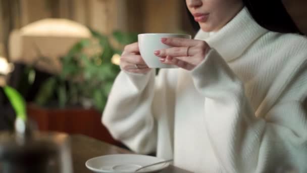 Fiatal Élvezi Egy Csésze Teát Egy Étteremben Vagy Kávézóban Boldog — Stock videók