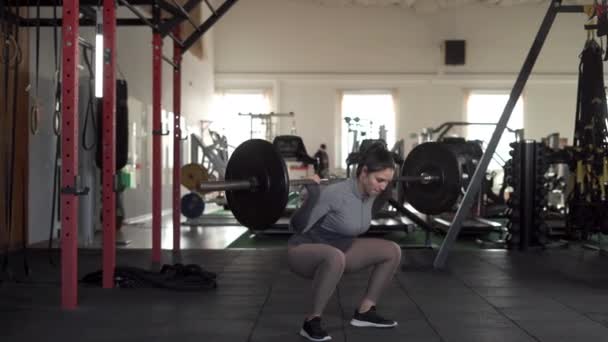 年轻的女人在体育馆里用杠铃蹲着 火车的腿和背 强大的健身运动 复制空间 — 图库视频影像
