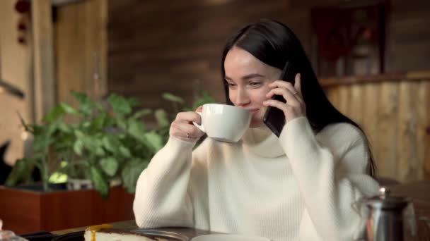 Menina Feliz Chamando Com Amigos Smartphone Enquanto Passa Tempo Café — Vídeo de Stock