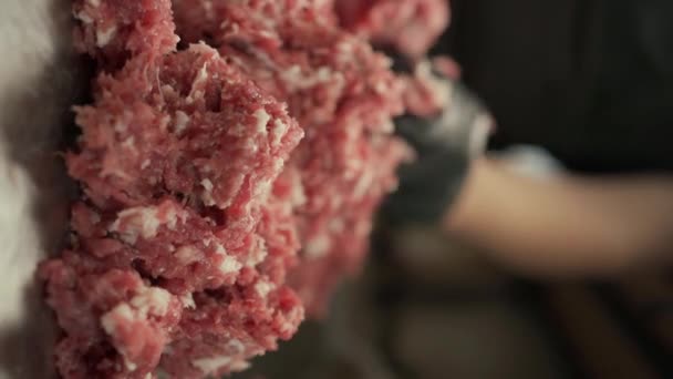 Sığır Burger Köftesi Pişirmek Için Doğranmış Taze Eti Yoğurmak Yakın — Stok video