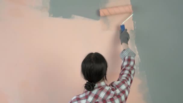 Home Makeover Renovation Back View Young Woman Painting Her New — Stock Video