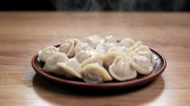 自制肉饺子 饺子里塞满了肉 拉维奥里盘子里有蒸汽 后续行动 — 图库视频影像