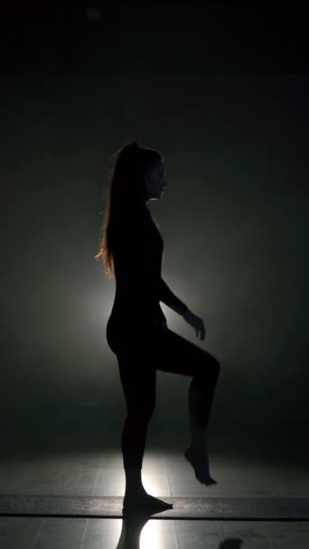 Silhouet Vrouw Met Yoga Houding Donkere Sportschool Studio Met Stoom — Stockvideo