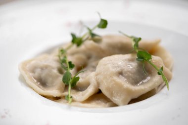 Beyaz tabakta etli lezzetli hamur köfteleri, yakın plan. Boşluğu kopyala