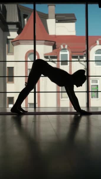 Pencerenin Yanındaki Spor Salonunda Yoga Yapan Kadın Silueti Sakin Rahatla — Stok video