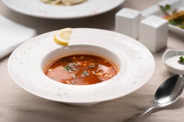 Geleneksel Ukrayna çorbası. Bir tabak kırmızı pancar çorbası çorbası. Geleneksel Ukrayna gıda kavramı