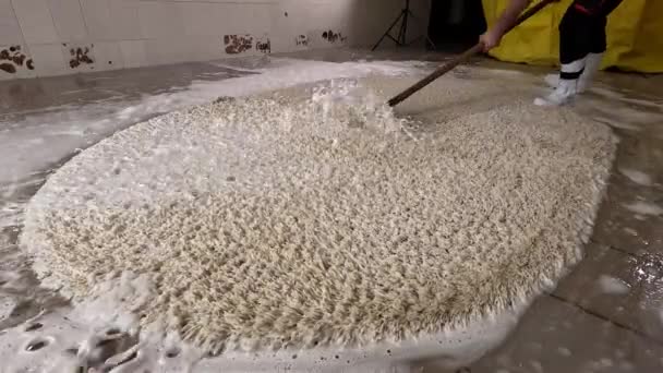 Professionelle Teppichreinigung Mann Reinigt Schmutzigen Teppich Mit Schaum Reinigungsprozess Nahaufnahme — Stockvideo