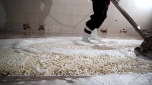 Professionelle Teppichreinigung Arbeiter Gummistiefeln Mit Einem Speziellen Vakuum Das Schaum — Stockvideo